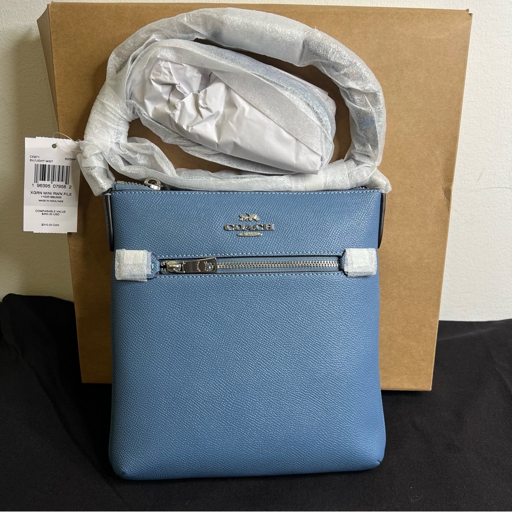 COACH Mini Rowan File Bag in Crossgrain Leather Silver / Light Mist CE871 NWT